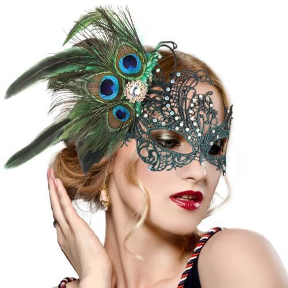 9142 Green Masquerade Masks - Handmade 1920s Peacock Feather Mask with Lace